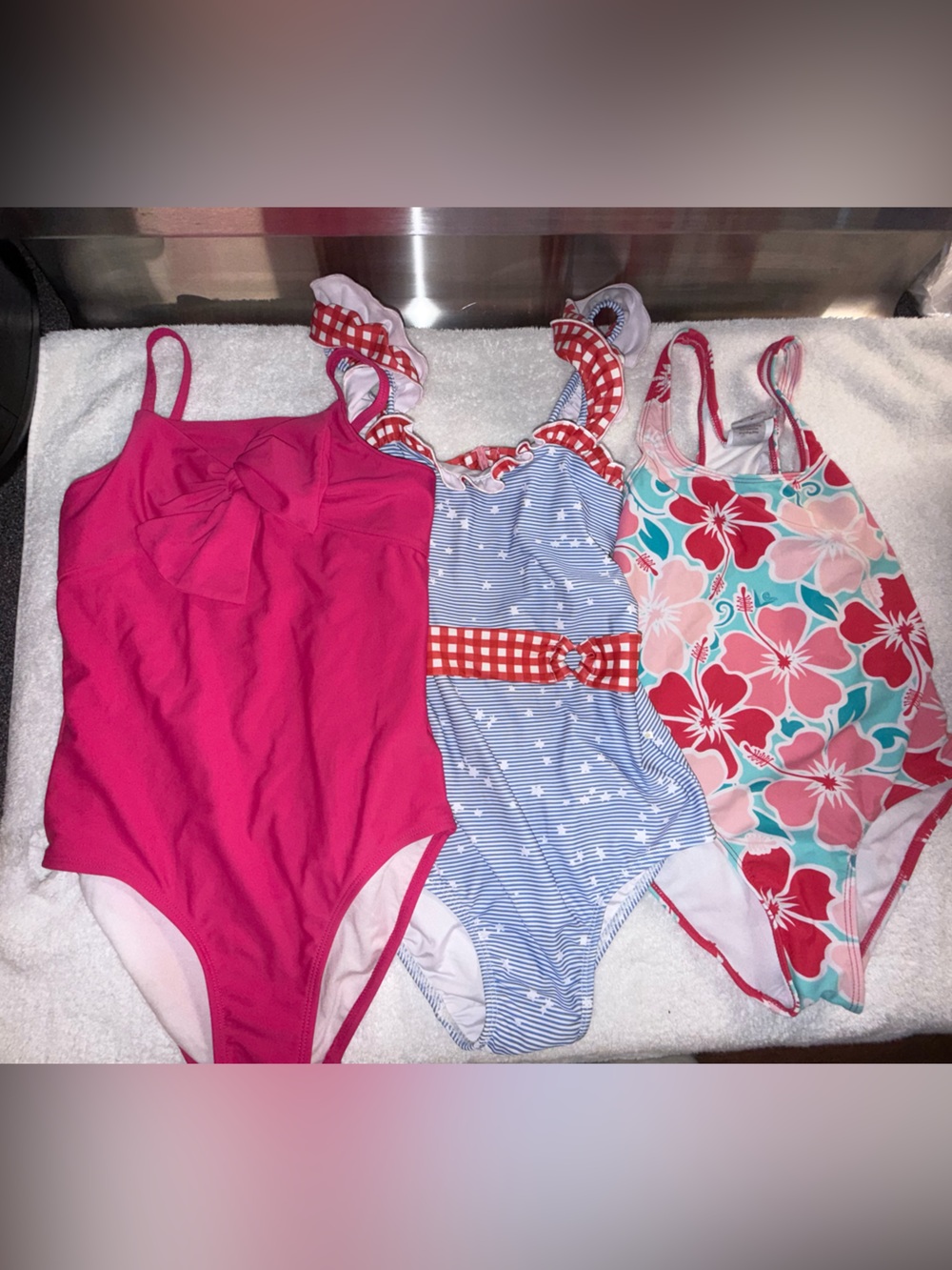 Girls' One-Piece Swimsuits Lot Size 12 - Hot Pink, Floral & Blue Stripe Set of 3